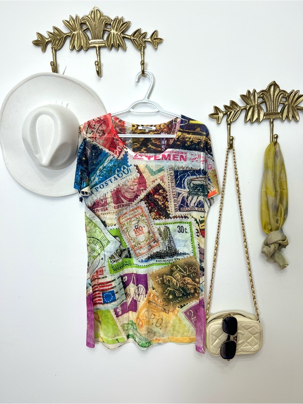 Multicolor Stamped-Print Short Sleeve Women's Top L ptp 22” l 30”